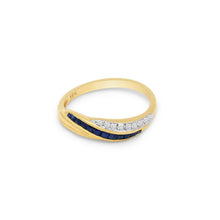 18K Yellow Gold Crossover Band Ring | Natural Sapphire & Diamond | Channel-Set Baguette Crisscross Design