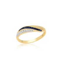 18K Yellow Gold Crossover Band Ring | Natural Sapphire & Diamond | Channel-Set Baguette Crisscross Design