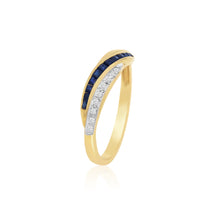 18K Yellow Gold Crossover Band Ring | Natural Sapphire & Diamond | Channel-Set Baguette Crisscross Design