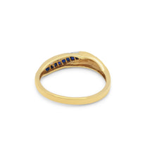18K Yellow Gold Crossover Band Ring | Natural Sapphire & Diamond | Channel-Set Baguette Crisscross Design