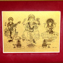 24K Gold Foil Ganesh, Lakshmi & Saraswati Blessed Gift of Prosperity, Wisdom & Fortune Divine Trio Gift Frame