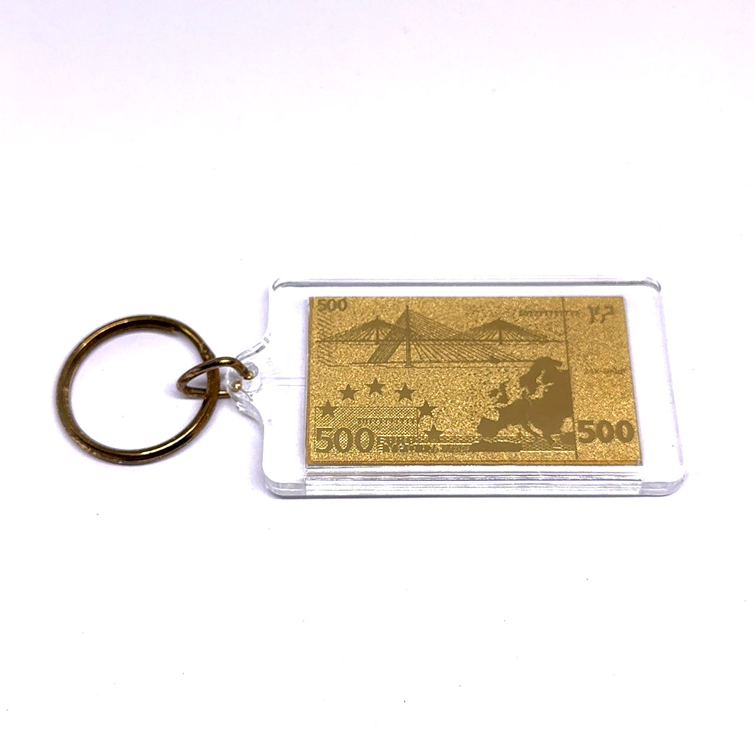 500 Euro 24K Gold Foil Laser Engraved Keychain Premium Collectible Good Luck Gift