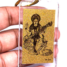 24K Gold Foil Goddess Saraswati Laser Engraved Keychain Divine for Knowledge & Creativity Gift