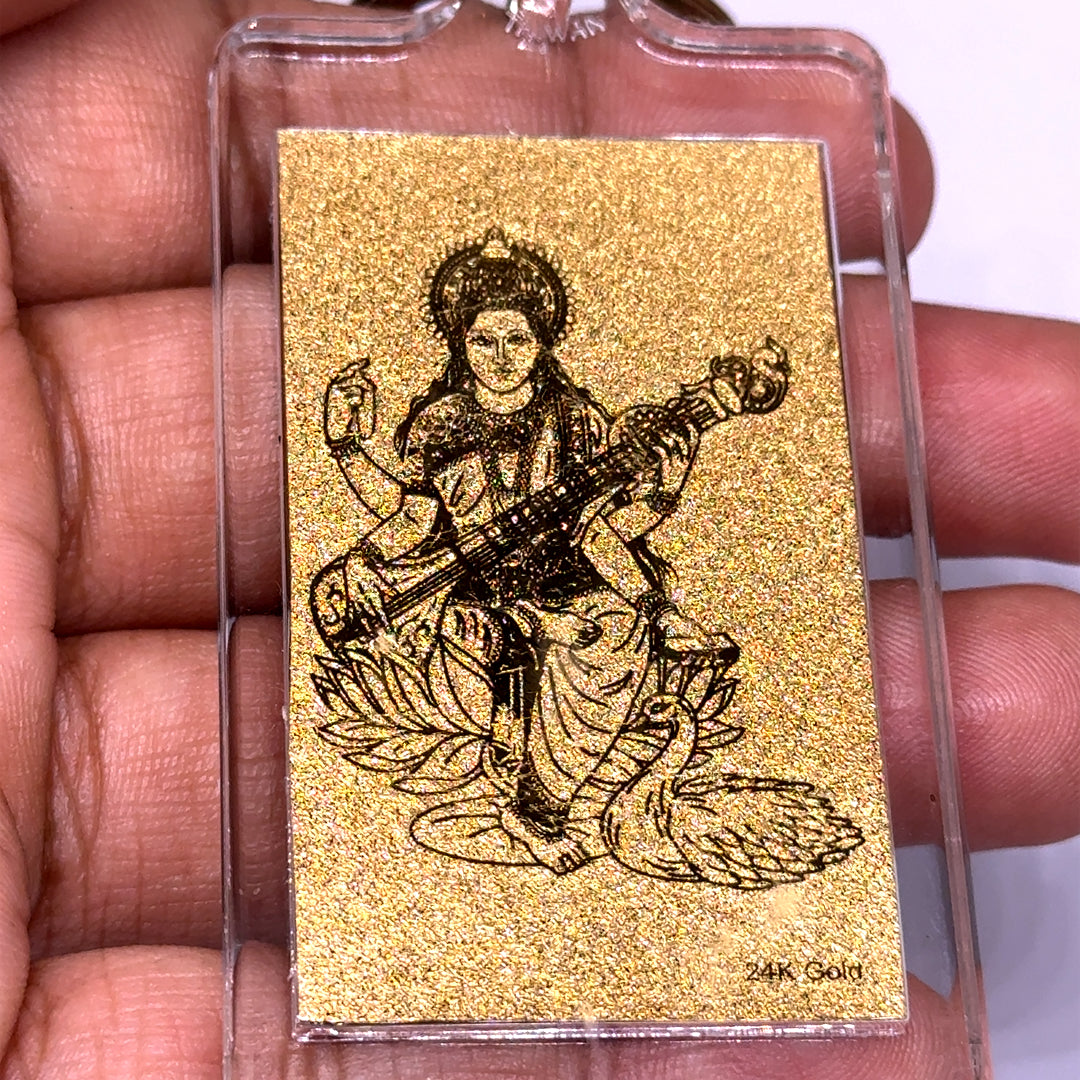 Goddess Saraswati Double-Sided 24K Gold Foil Keychain Engraved Wisdom & Spiritual Gift