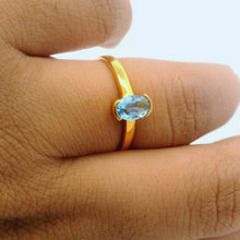 9K Yellow Gold Solitaire Ring | Natural Blue Topaz Open Bezel Setting | Modern Minimal Design Jewelry