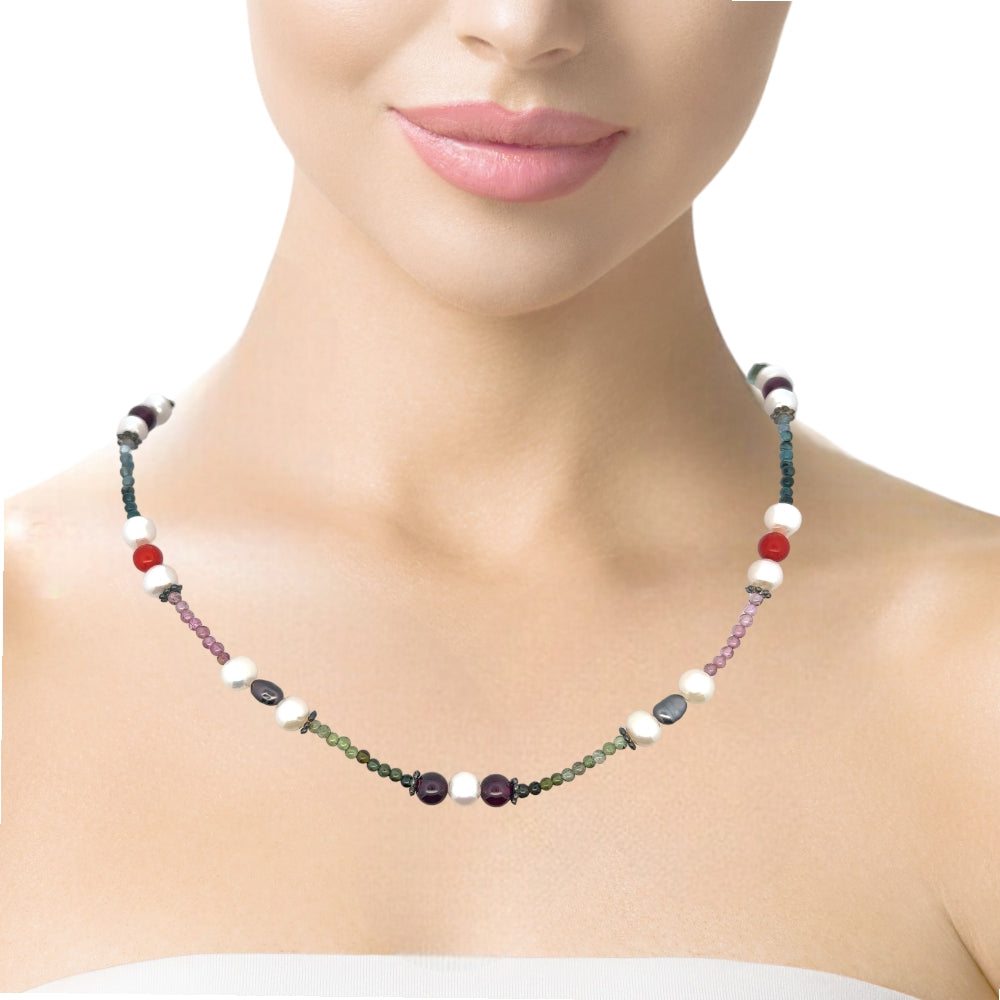 Natural Multi Tourmaline with Pearl Garnet Coral Color Gemstone Necklace