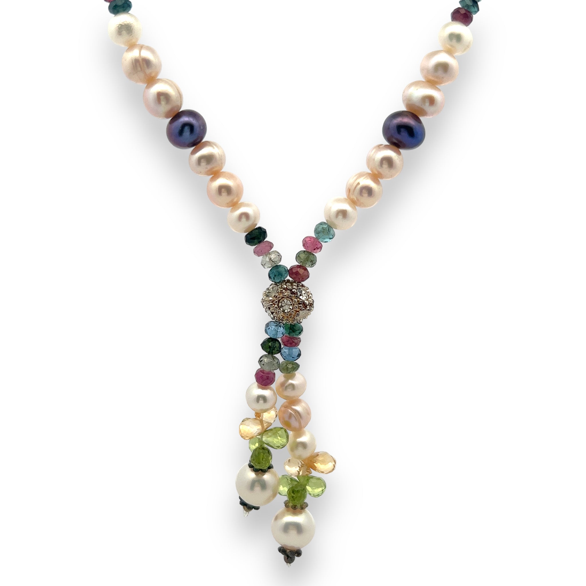 Natural Handmade Necklace 16"-18" Pearls, Peridot, Tourmaline, Citrine Gemstone Beads Jewelry