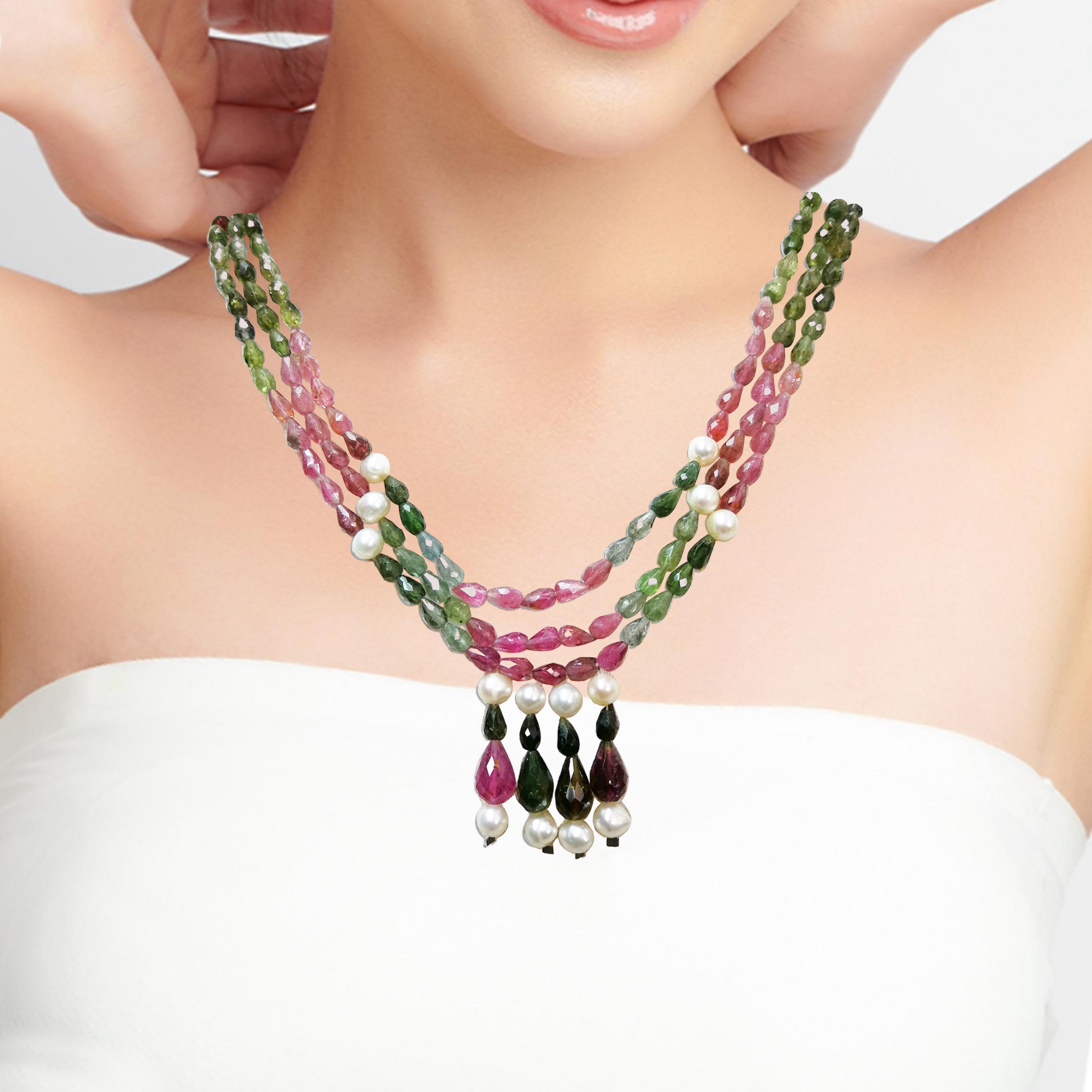 Natural Handmade Necklace 16"-18" Pearls, Tourmaline Gemstone Beads Jewelry