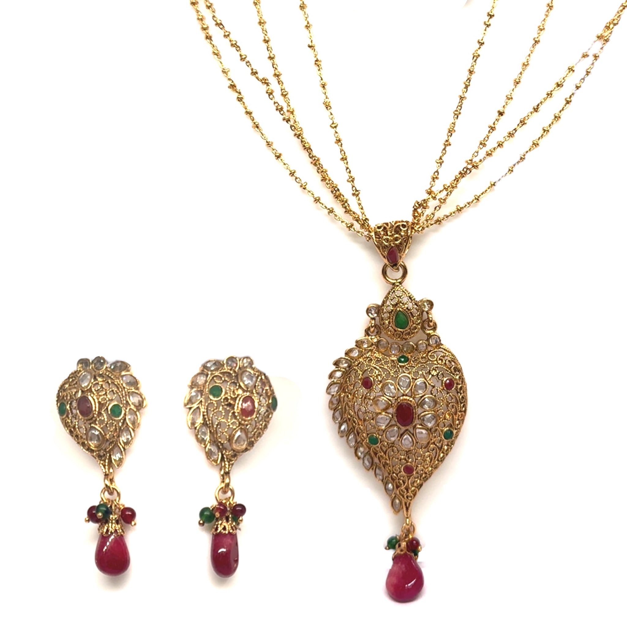 Necklace with Drop Pendant & Earring Multi Layer Heritage Polki Bridal Jewellery Set