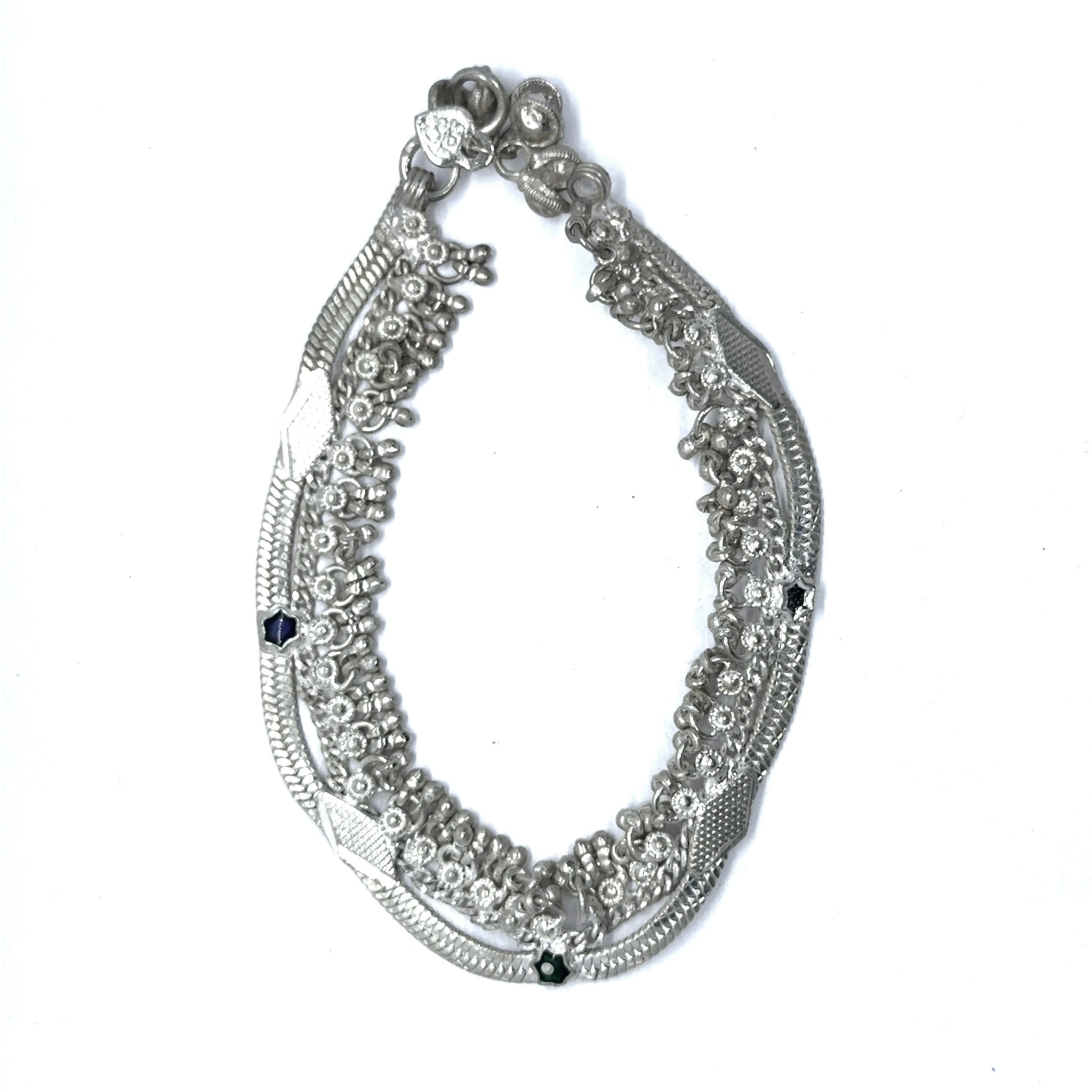 Multi Layered Ethnic German Silver Anklet Pair with Tinkling Charms and Motifs