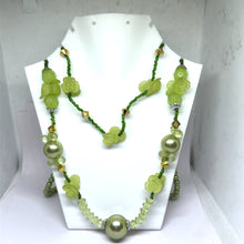 Artistic Multi-Layer Green Beaded Necklace with Simulated Pearls & Carved Floral Accents – Handcrafted Ethnic Jewelry