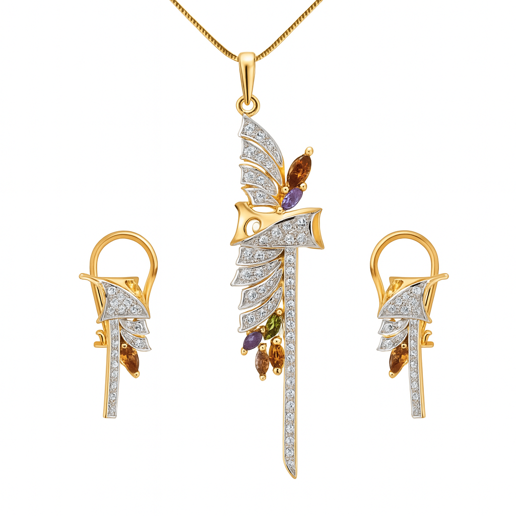 18K Yellow Gold Pendant Earring with Diamond Tourmaline Natural Gemstone Jewellery Set
