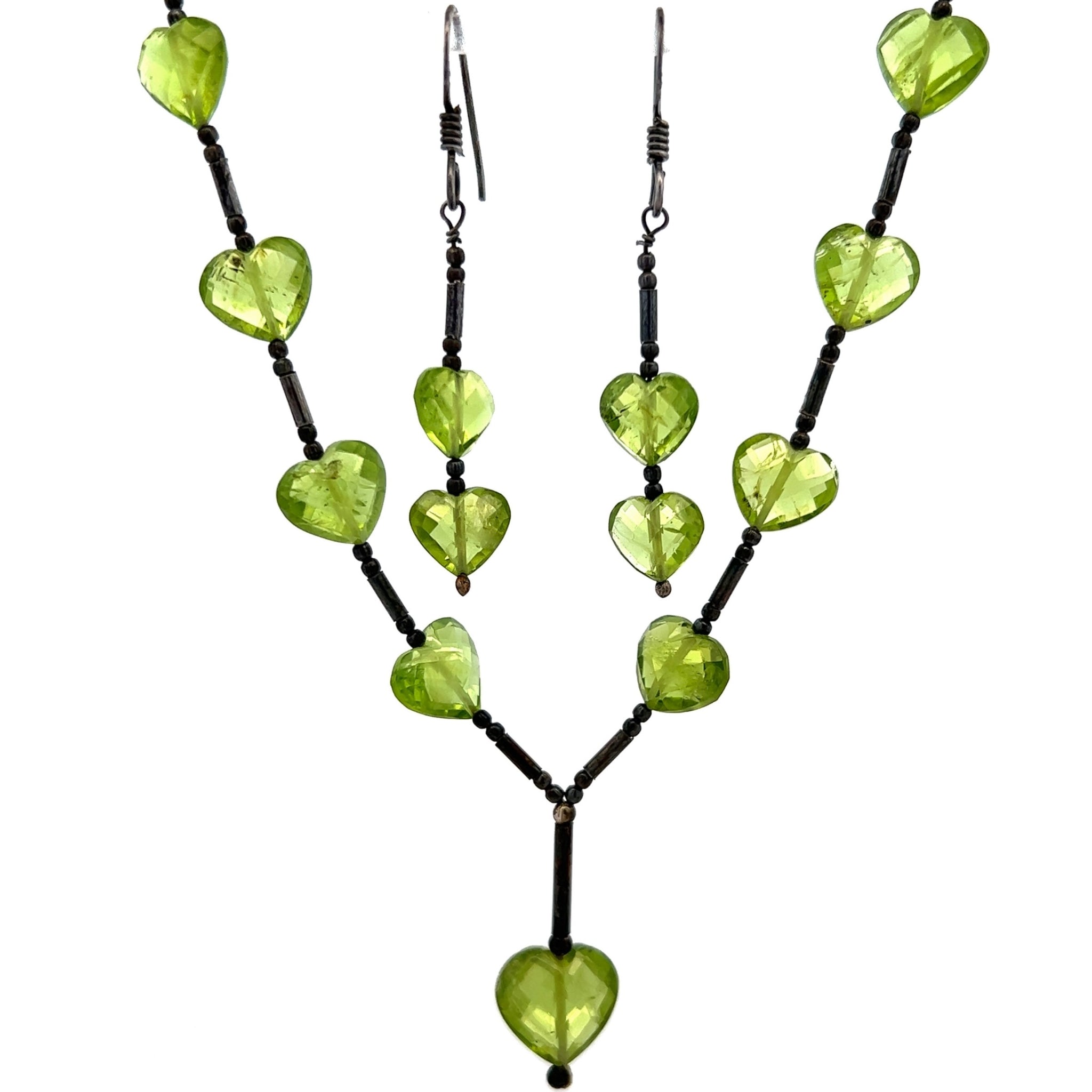 Natural Peridot Briolette Heart Gemstone Station Style Necklace Earring Set