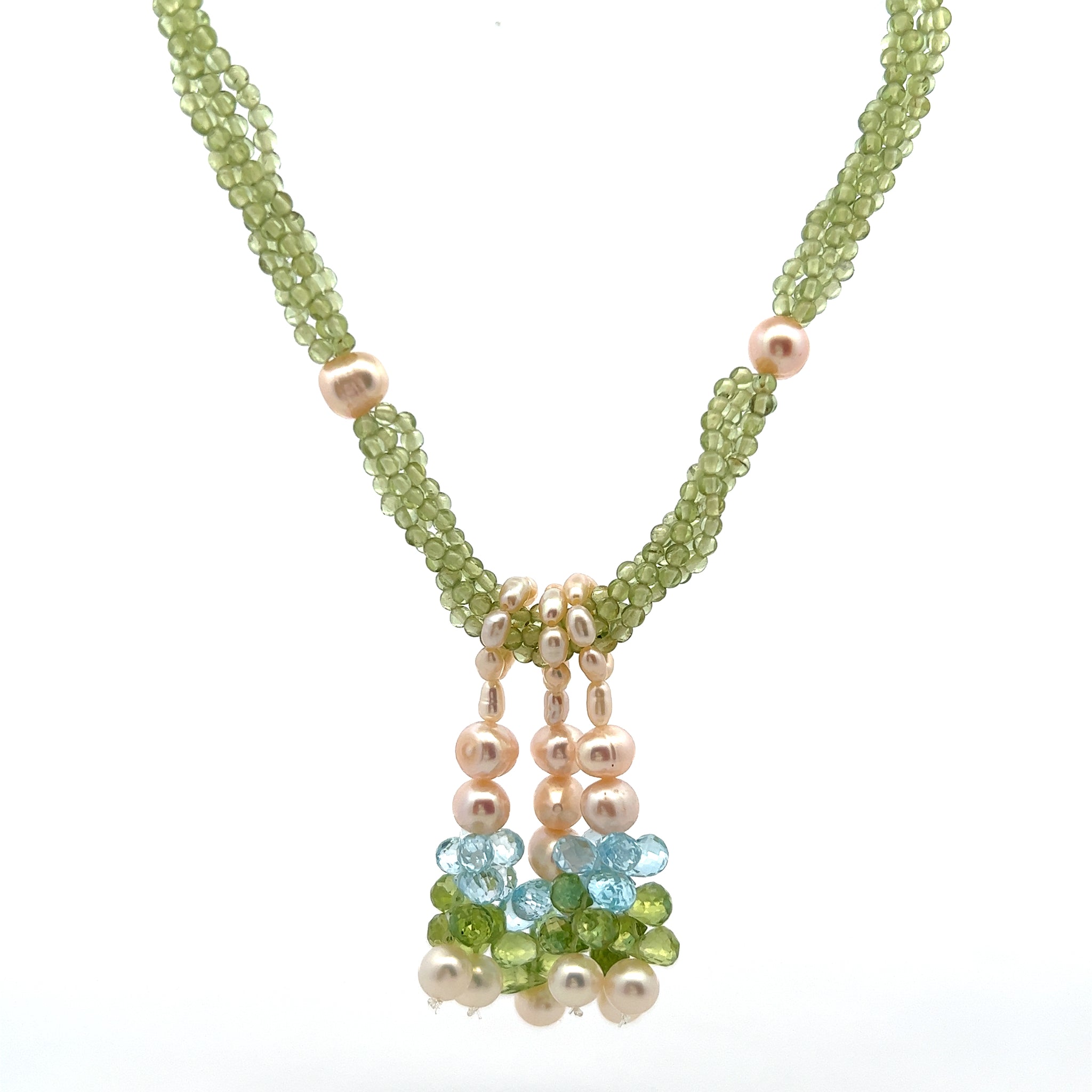 Natural Handmade Necklace 16"-18" Peridot, Blue Topaz, Pearl Gemstone Beads Jewellery