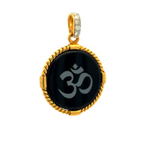 9K Yellow Gold Natural Diamond & Black Onyx Om Symbol Pendant | Hindu Religious Rope-Frame Fine Jewelry