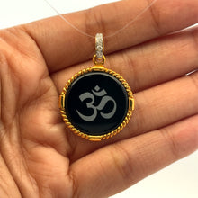 9K Yellow Gold Natural Diamond & Black Onyx Om Symbol Pendant | Hindu Religious Rope-Frame Fine Jewelry
