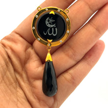 9K Yellow Gold Natural Diamond & Green Onyx Two-Sided Drop Pendant | Allah Islamic Religious Statement Jewelry
