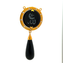 9K Yellow Gold Natural Diamond & Green Onyx Two-Sided Drop Pendant | Allah Islamic Religious Statement Jewelry