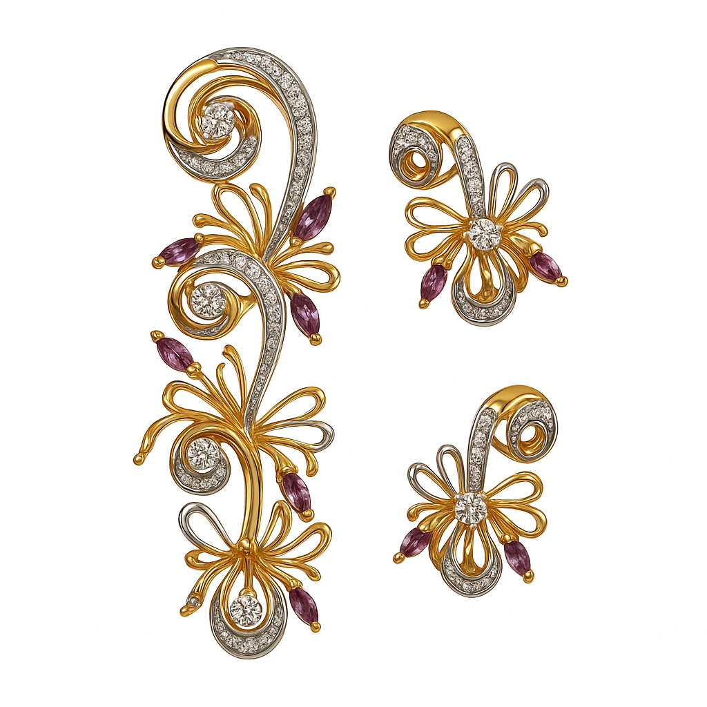 18K Yellow Gold Pendant Earring with Diamond Natural & Rhodolite Jewellery Set