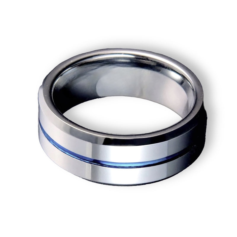 Tungsten Ring Center Blue Stripe Polished Silver Beveled Edges Band