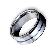 Tungsten Ring Center Blue Stripe Polished Silver Beveled Edges Band