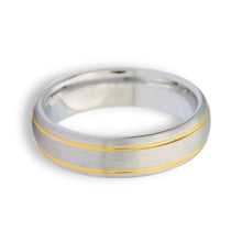 Tungsten Ring Domed Silver Brushed With Gold Stripes Band