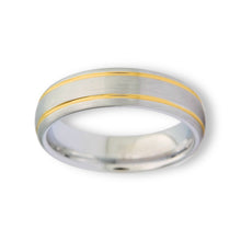 Tungsten Ring Domed Silver Brushed With Gold Stripes Band
