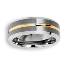 Tungsten Ring Two-Tone Yellow Gold Center Stripe Silver Brushed Beveled Edges Band