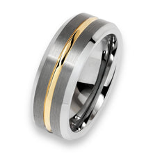 Tungsten Ring Two-Tone Yellow Gold Center Stripe Silver Brushed Beveled Edges Band
