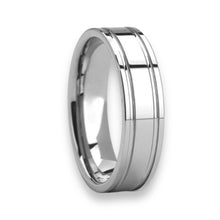 Tungsten Ring Flat Dual Off-Set Grooved Silver Polished Band
