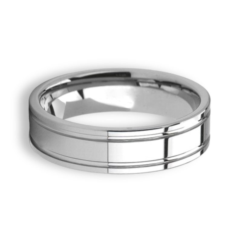 Tungsten Ring Flat Dual Off-Set Grooved Silver Polished Band