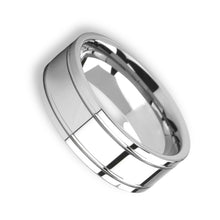 Tungsten Ring Flat Dual Off-Set Grooved Silver Polished Band