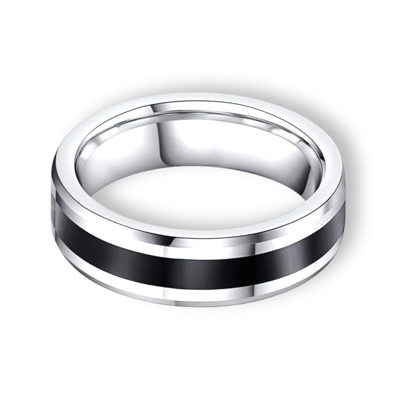 Tungsten Ring Two Tone High Polish Finish Center Black Ceramic Inlay Beveled Edges  Band