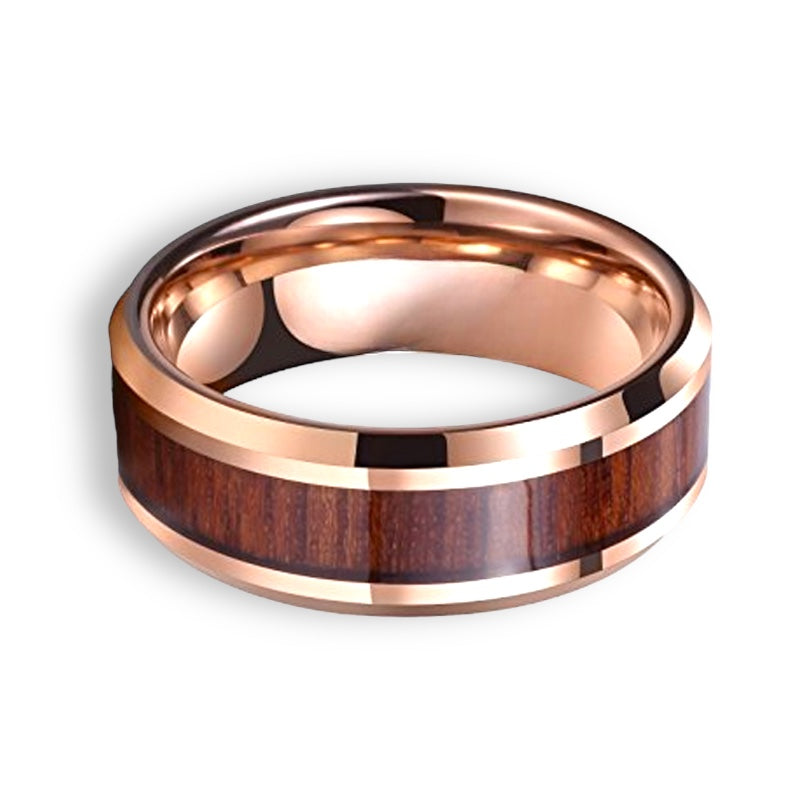 Tungsten Ring Wooden Inlay Rose Gold Beveled Edges Band