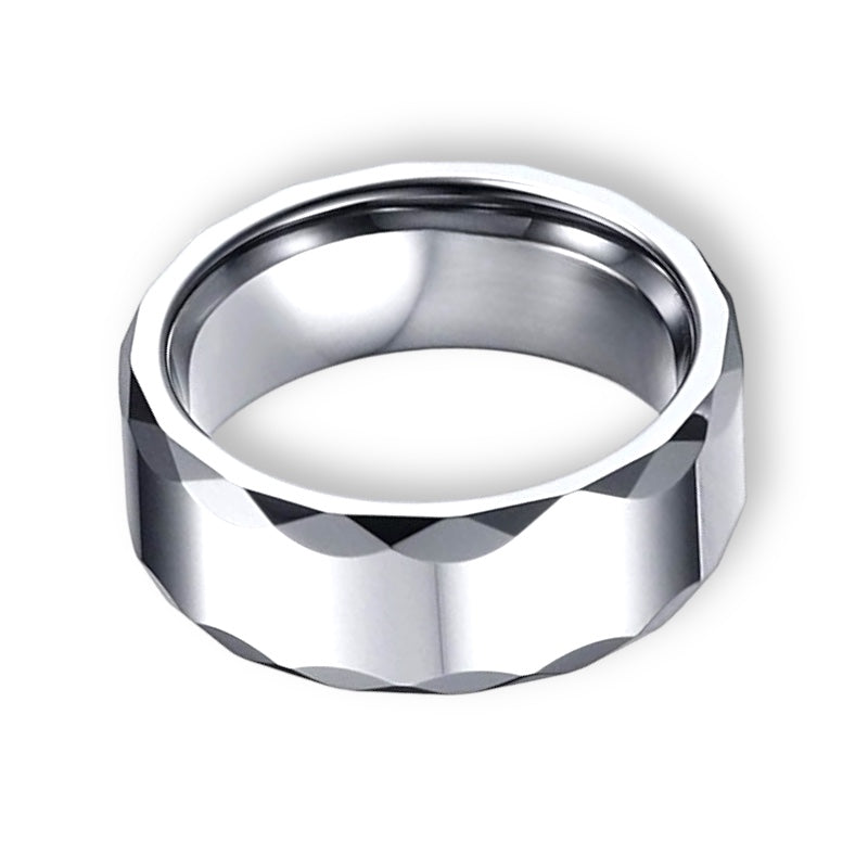 Tungsten Ring Unique Fish Eye Edges Silver Beveled Edge Band