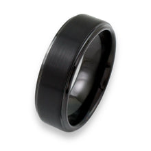 Tungsten Ring All Black Raised Satin Finish And Stepped Edges Band