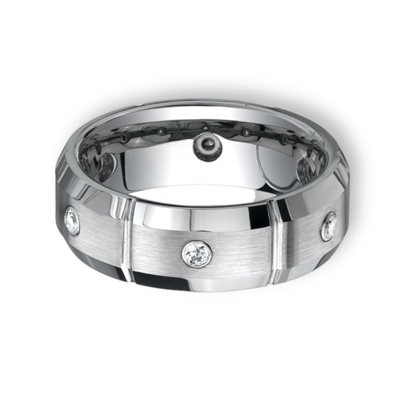 Tungsten Ring Polished Beveled Edge Brushed Finish With White Cubic Zirconia Band