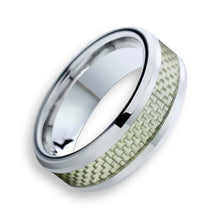 Tungsten Ring Grey Carbon Fiber Inlay Silver Beveled Edges Band