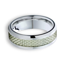 Tungsten Ring Grey Carbon Fiber Inlay Silver Beveled Edges Band