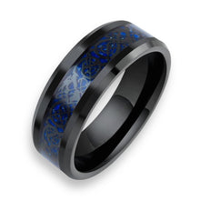 Tungsten Ring Blue Carbon Fiber Inlay Black Celtic Dragon High Polished Beveled Edges Band