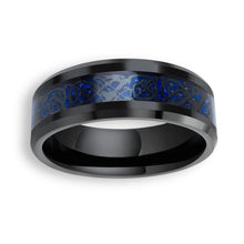 Tungsten Ring Blue Carbon Fiber Inlay Black Celtic Dragon High Polished Beveled Edges Band