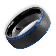 Tungsten Ring Domed Black Brushed Recessed Metallic Blue Edge Band