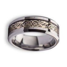 Tungsten Ring Black Carbon Fiber Inlay Gold Celtic Dragon Beveled Edges Band