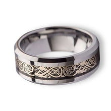 Tungsten Ring Black Carbon Fiber Inlay Gold Celtic Dragon Beveled Edges Band