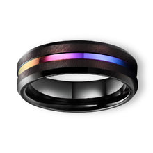 Tungsten Ring Rainbow Center Stripe Black Brushed Beveled Edges Band