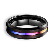 Tungsten Ring Rainbow Center Stripe Black Brushed Beveled Edges Band
