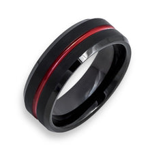 Tungsten Ring Red Grooved Center Brushed Black Beveled Edges Band