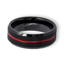 Tungsten Ring Red Grooved Center Brushed Black Beveled Edges Band