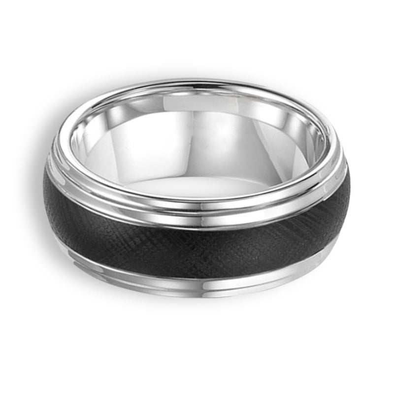 Tungsten Ring Domed Two Tone Double Step Edge Black Brushed Matte Finish Band