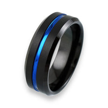 Tungsten Ring Thin Blue Line Center Recessed Stripe Black Brushed Beveled Edges Band